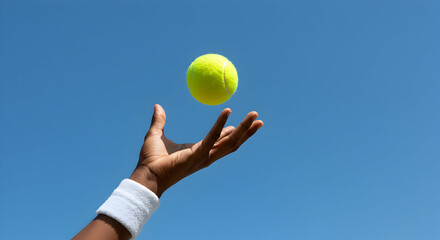 A tennis player tosses the ball high in the air, preparing for a powerful serve against a clear blue sky, showcasing athleticism and skill.