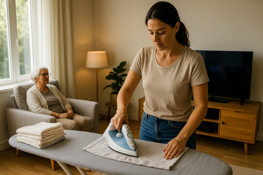 Young woman ironing clothes while elderly woman watches in livin - Powered by Adobe