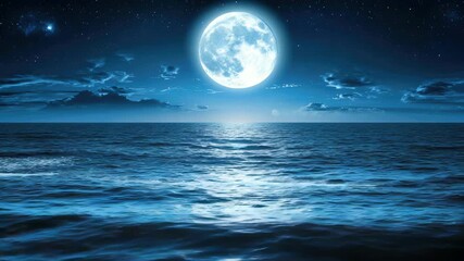 Full moon illumination over serene ocean waves with starry sky backdrop - Powered by Adobe