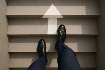 Generative AI:  man legs in shoes climbing stairs with arrow. business. success or progress concept
