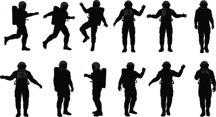 Astronaut silhouette collection, space explorer vector, black spaceman icons, astronaut in spacesuit clipart set, cosmic space travel figures.