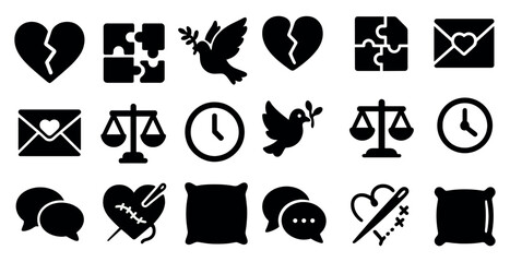 Heart and relationships filled icons set - love, communication, romantic symbols