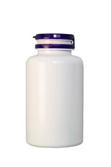 Vitamins or supplements packaging, clean mockup. White bottle with purple cap no background. PNG