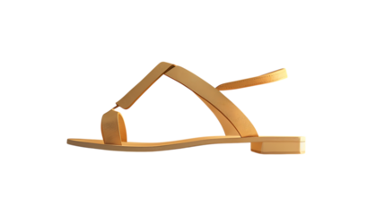 Isolated view of a single sandal with tan straps and a small heel on a dark setting isolated with white background