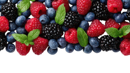 Berry Mix Border with Raspberries, Blackberries, and Blueberries with leaf on Transparent Background
