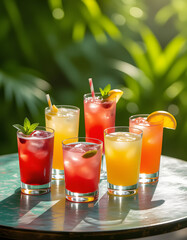 Fototapeta premium Refreshing Assortment of Colorful Cocktail Drinks on a Table Outdoors Beverage