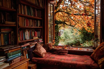 Cozy autumnal library nook with fall foliage view