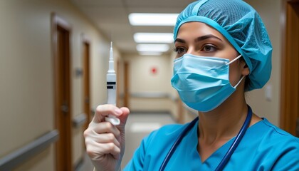 Nurse preparing a syringe for injection.
