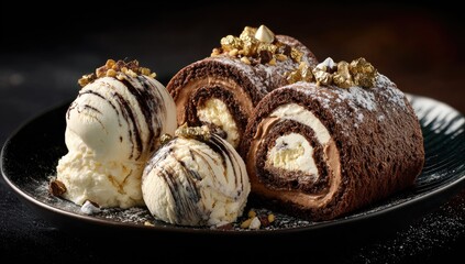 Chocolate swiss roll cake with ice cream