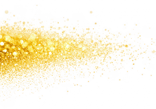 A cascade of golden glitter sparkles and shines against a pristine transparent background