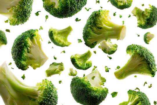 Fresh broccoli florets scattered on black background - Powered by Adobe