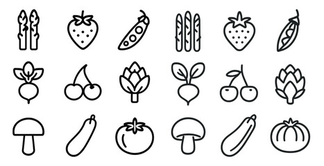 Vegetable and fruit outline icons set &ndash; line, linear, healthy food symbols