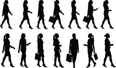 Businesswoman walking silhouette collection, female figures with handbags, phones, heels, casual and formal poses, office woman vector set.