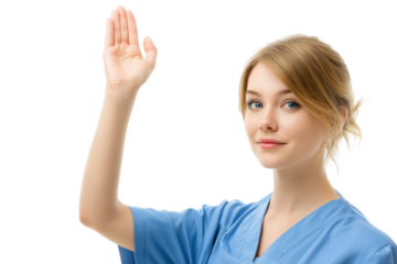 Friendly healthcare professional raising her hand in a welcoming gesture