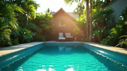 Serene swimming pool in a private garden retreat with warm morning sun.