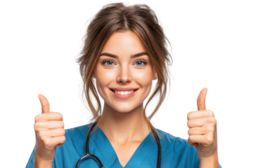 Smiling female doctor giving thumbs up on transparent background with stethoscope