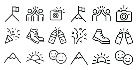 Outdoor adventure line icons set – hiking, camping, nature symbols