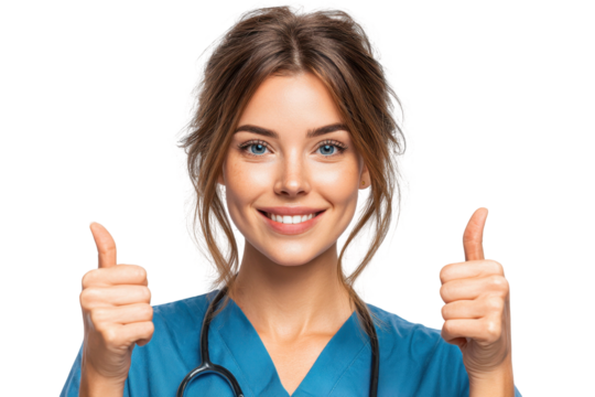 Smiling female doctor giving thumbs up on transparent background with stethoscope