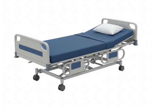 An adjustable hospital bed with blue mattress and white pillow, isolated on transparent background