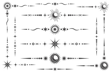Celestial vector border with magic stars. Mystic ornament with moon and astrology elements. Decorative divider with isoteric symbols.