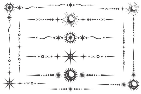 Celestial vector border with magic stars. Mystic ornament with moon and astrology elements. Decorative divider with isoteric symbols.