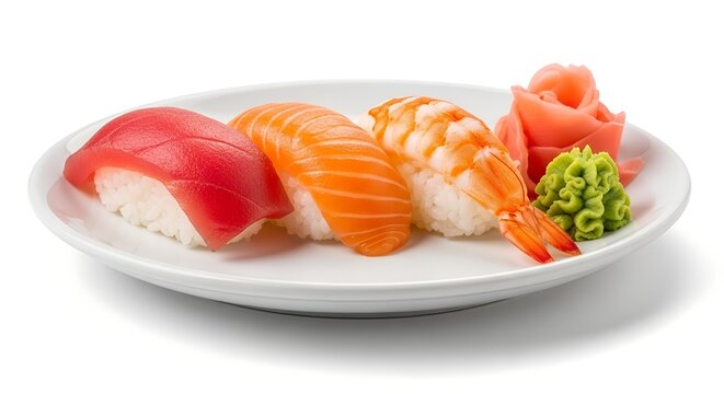 Close-up of assorted nigiri sushi served on white plate