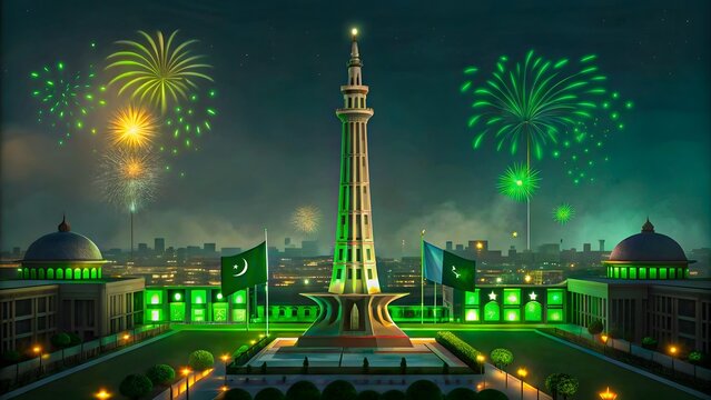 minar e pakistan with green lights and fireworks celebrating independence day

