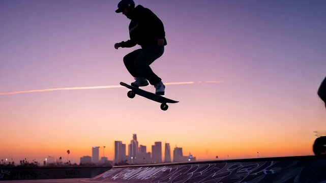 Skateboarder performing tricks against city skyline at sunset