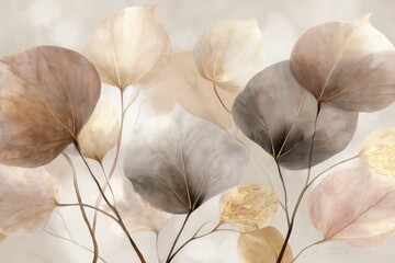 Delicate Beige Brown Leaves Abstract Wall Art