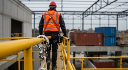 Fototapeta premium Construction Worker on Elevated Platform with Safety Harness Attached to Yellow Railing