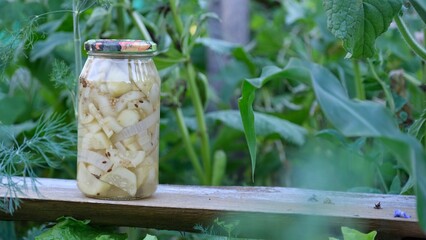 Pickled cucumbers in a jar on a wooden bench in a garden 