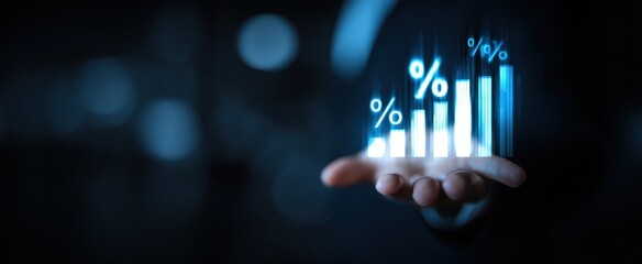 The hand holding a digital growth chart with percentages and market insights.