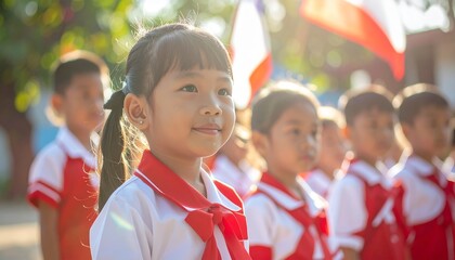 A young girl's hopeful smile during a sunny celebration for Indonesian Independence Day.