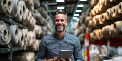The smiling man using a tablet in a textile warehouse surrounded by rolls of material.