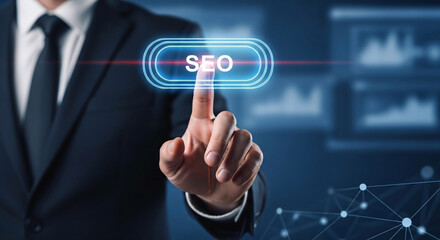Professional businessman selects SEO button on futuristic digital interface for online success and growth strategy
