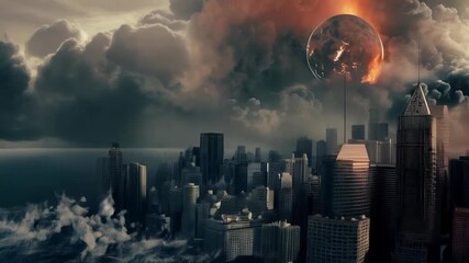 Sunset over a city with smoking buildings. Suitable for documentaries about urbanization, environmental issues and futuristic projects.
