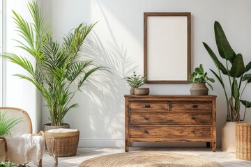 Rustic wooden dresser placed near a white wall with a mock-up poster frame. Boho interior design for a modern living room, Generative AI