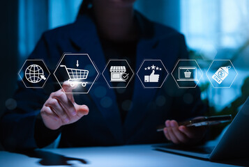 Online shopping and e-commerce technology internet concept. Woman holding smartphone with icons...