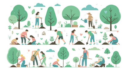 Flat vector illustration of diverse people planting trees