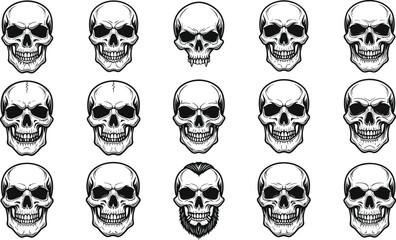 Cad drawing flat vector illustration of human skulls, horror skull tattoo designs, spooky skull art, Halloween skeleton head clipart.