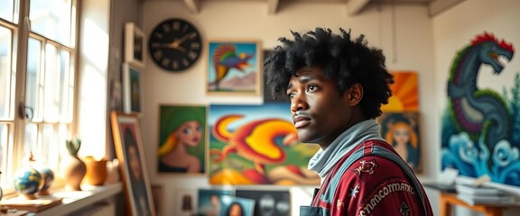 Biracial artist contemplates artwork in sunlit studio,  studio,   skill