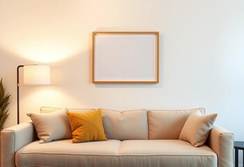 Beige linen couch, table lamp, empty frame on wall,  interior,   wall decor