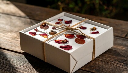 White box tied with twine, decorated with dried rose petals