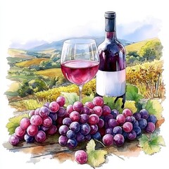 Composition of pink grapes, red wine bottle, and wine glass set against a landscape with hills background, painted in watercolor or aquarelle style, Generative AI