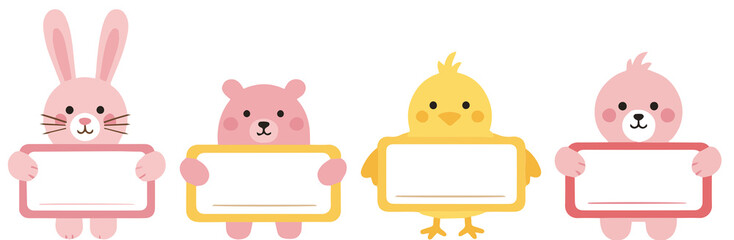 Cute animal character name tag collection for kids, printable school label sticker sheet, kindergarten and daycare name badge vector illustration set.