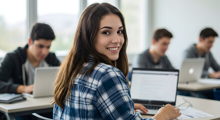 Confident female student smiles, looking back over shoulder at classmates using laptops in modern classroom setting, studying together.