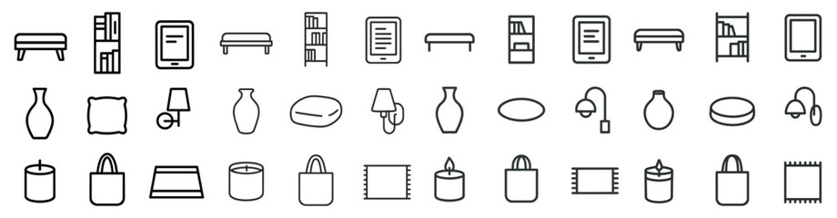Home decor and furniture outline icons set – linear, silhouette, interior design elements