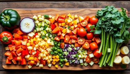 Assortment of colorful chopped vegetables arranged on rustic wooden board ,   recipe,   top view