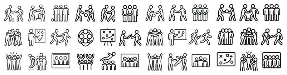 Teamwork and collaboration icons set – outline, linear, office and meeting symbols