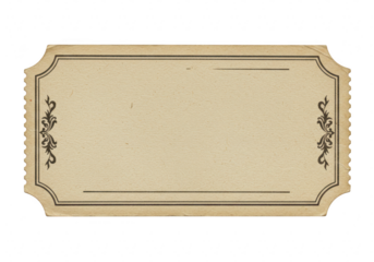 A blank vintage ticket isolated on transparent background shows an antique design